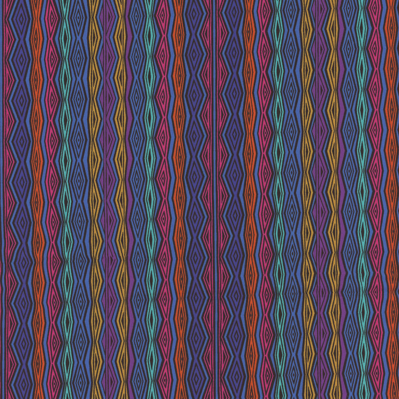 Abstract pattern featuring colorful diamond shapes in vertical stripes on a dark background.