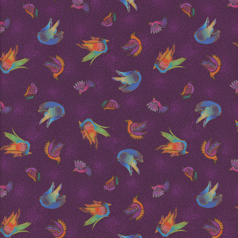 Purple fabric with colorful, stylized, ditsy birds all over