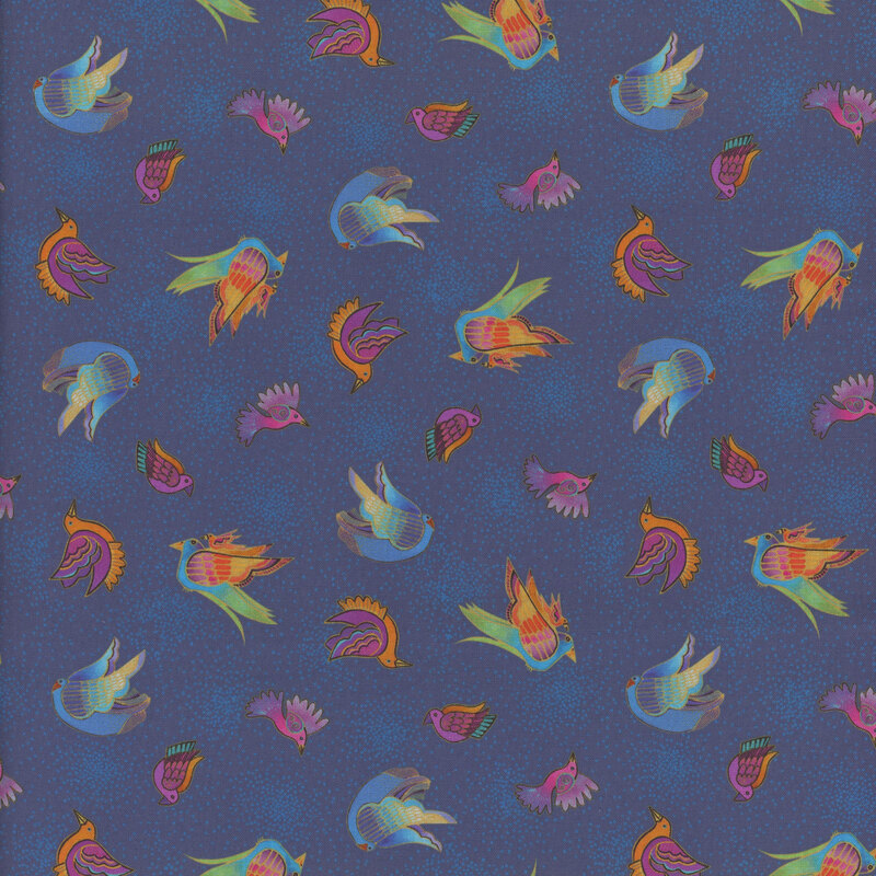 Ocean blue fabric with colorful, stylized, ditsy birds all over