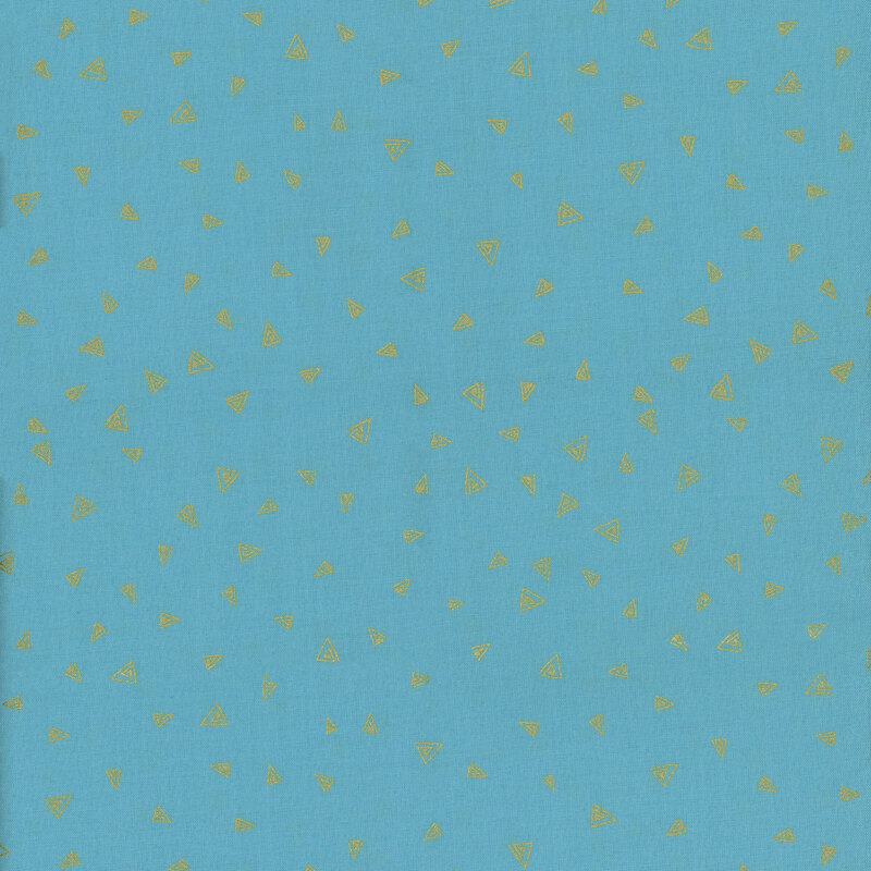 Bright aqua fabric with small, golden, ditsy triangles all over