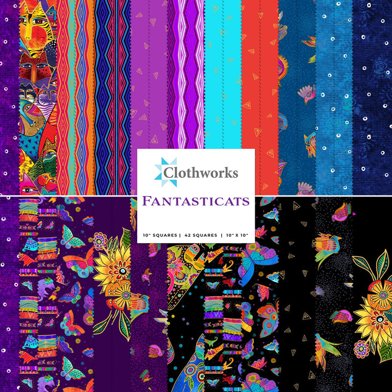 A colorful fabric collage featuring various patterns, including stripes, floral designs, and abstract shapes. The design includes bright colors like purple, blue, orange, and yellow. The center displays the text Clothworks FANTASTICATS with information about the fabric sizes.