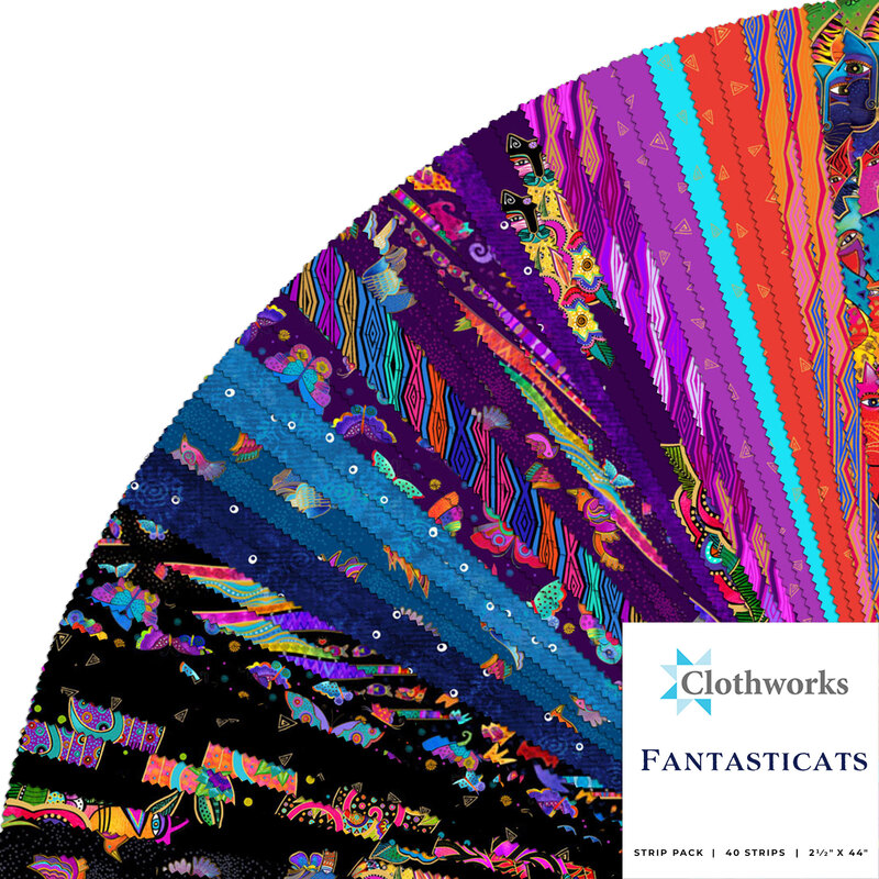 A circular arrangement of colorful fabric strips showcasing various vibrant patterns, with the label Clothworks Fantastocats and details suggesting it is a strip pack containing 60 strips, each measuring 2.5 inches by 44 inches.