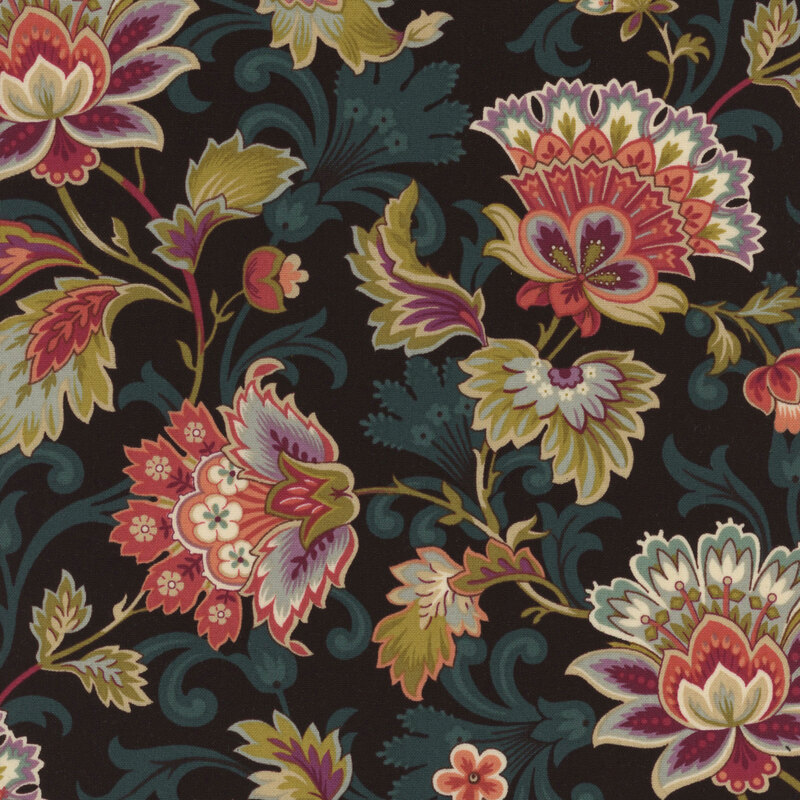 A black fabric with large, colorful bohemian-style florals and swirls all over