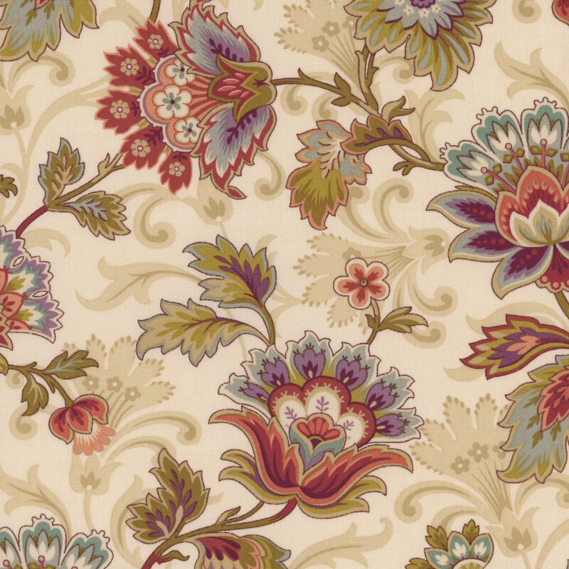 Cream colored fabric with large, colorful bohemian-style florals and swirls