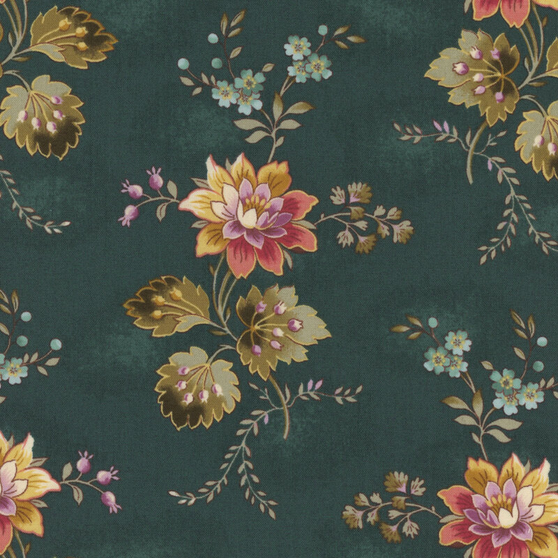 Teal blue fabric with large, colorful bohemian style florals and vines