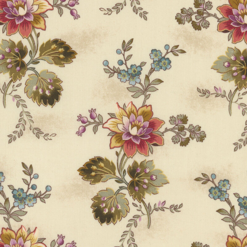 Cream colored fabric with large, colorful bohemian style florals and vine clusters