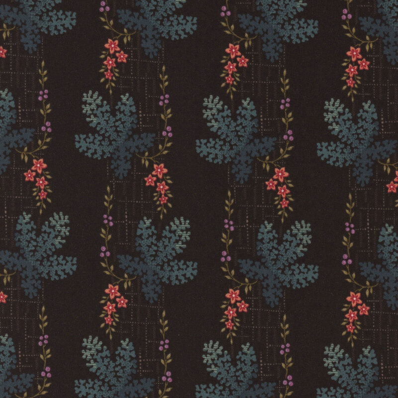 Black fabric with stripes of large, textured leaves and small florals