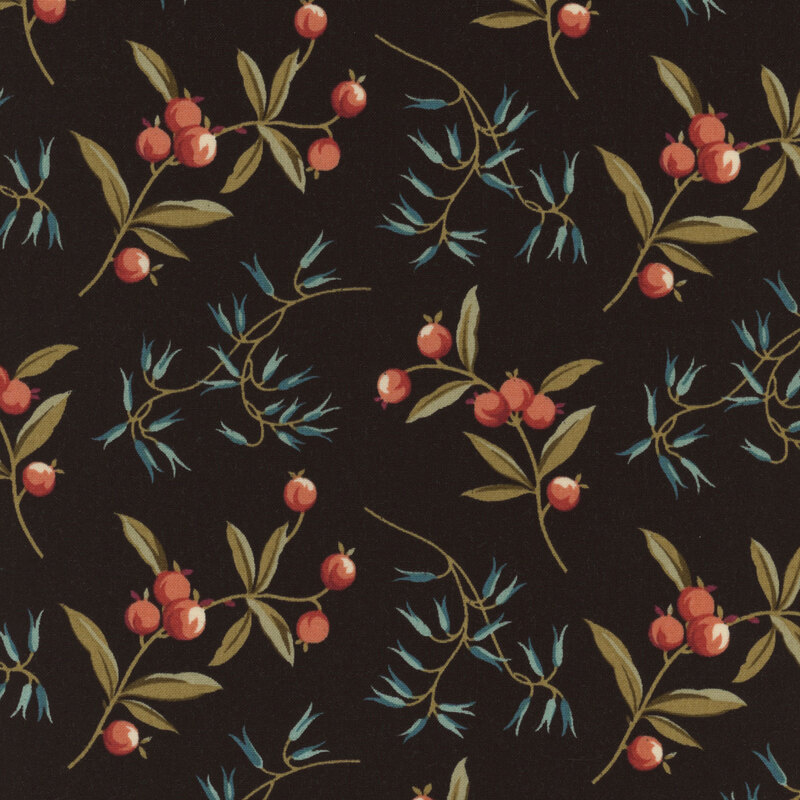 Black fabric with large, stylized sprigs and berries and little blue flower blooms