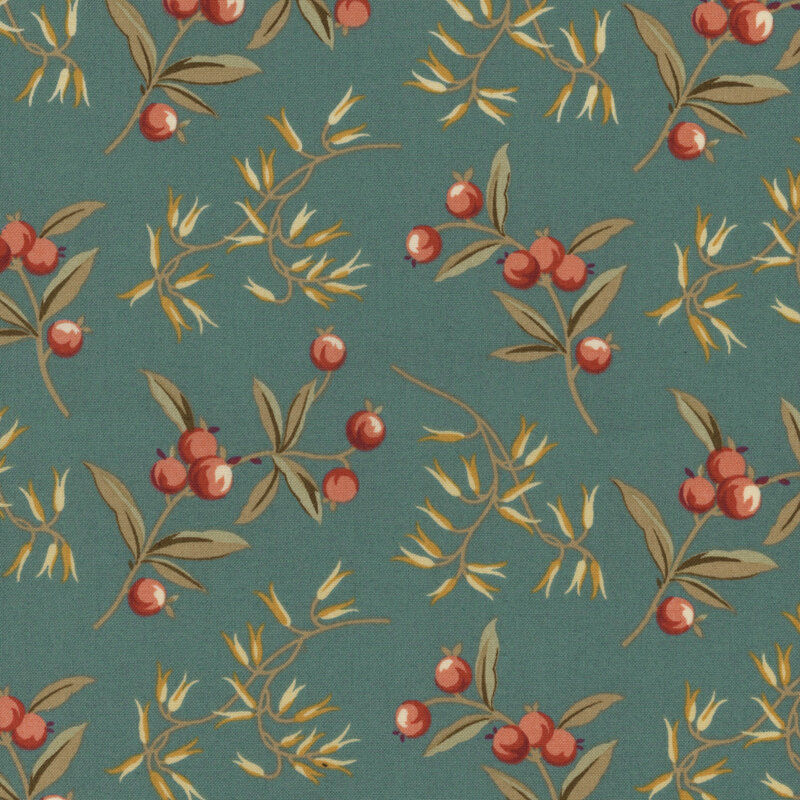 Teal fabric with large, illustrated sprigs and red berries throughout