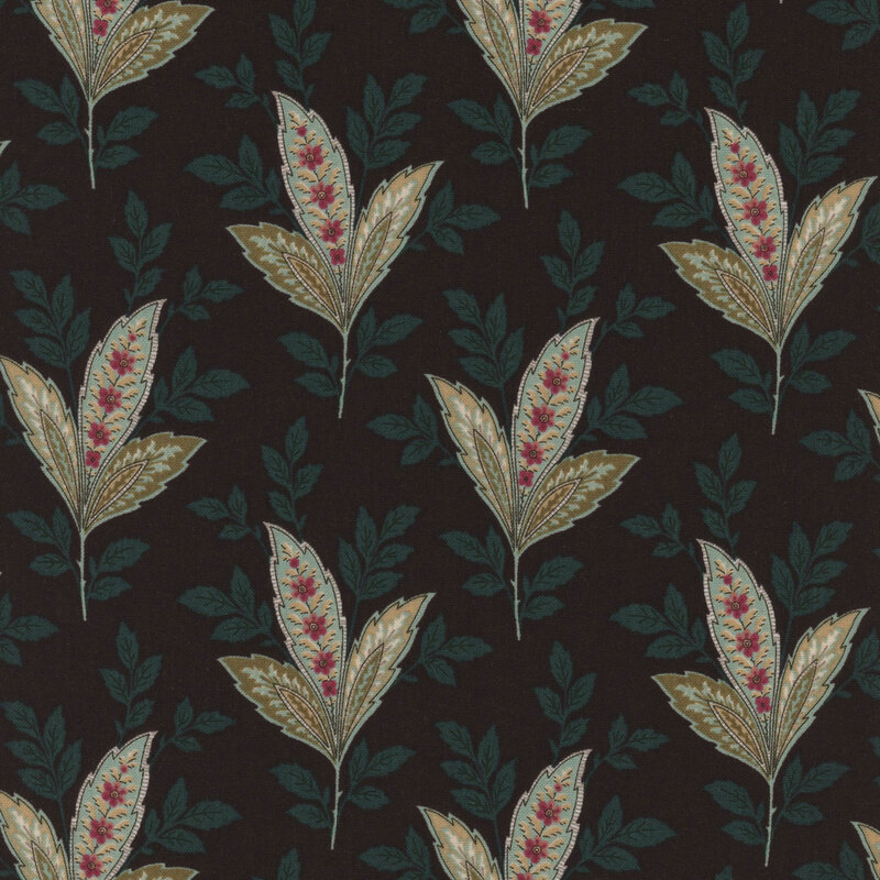 Black fabric with large, bohemian-style leaves and dark teal leaves scattered in the background