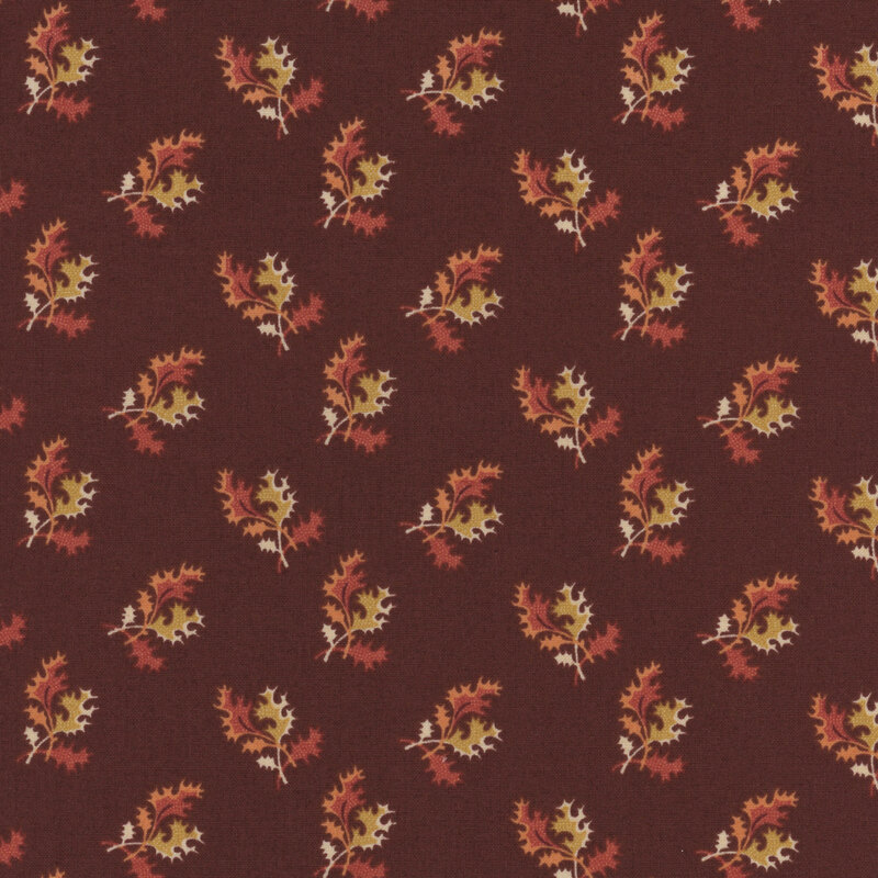 Muted red fabric with tossed beige and red ditsy leaf clusters