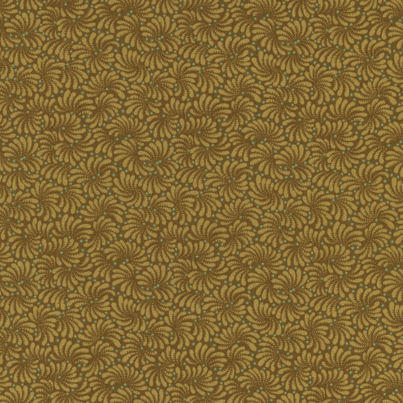 Golden brown fabric with a repeating, intricate swirled pattern throughout