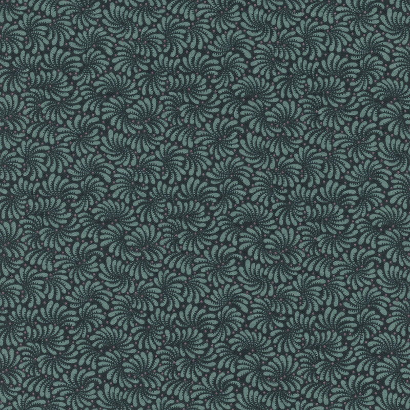 Teal fabric with a repeating, intricate swirled pattern throughout