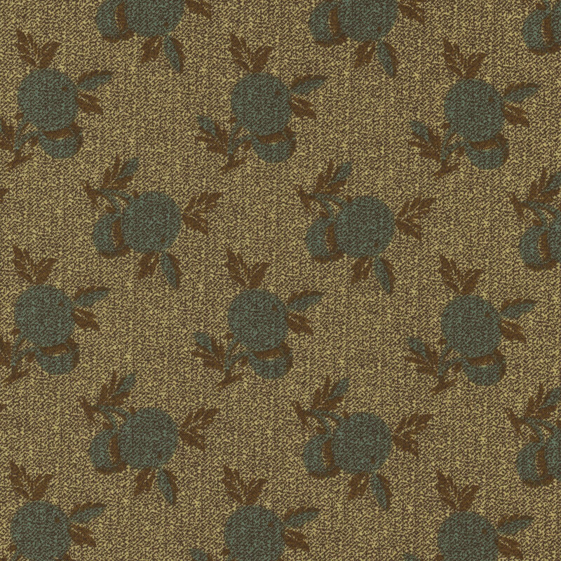 Olive green fabric with large repeating teal berry patterns and a 