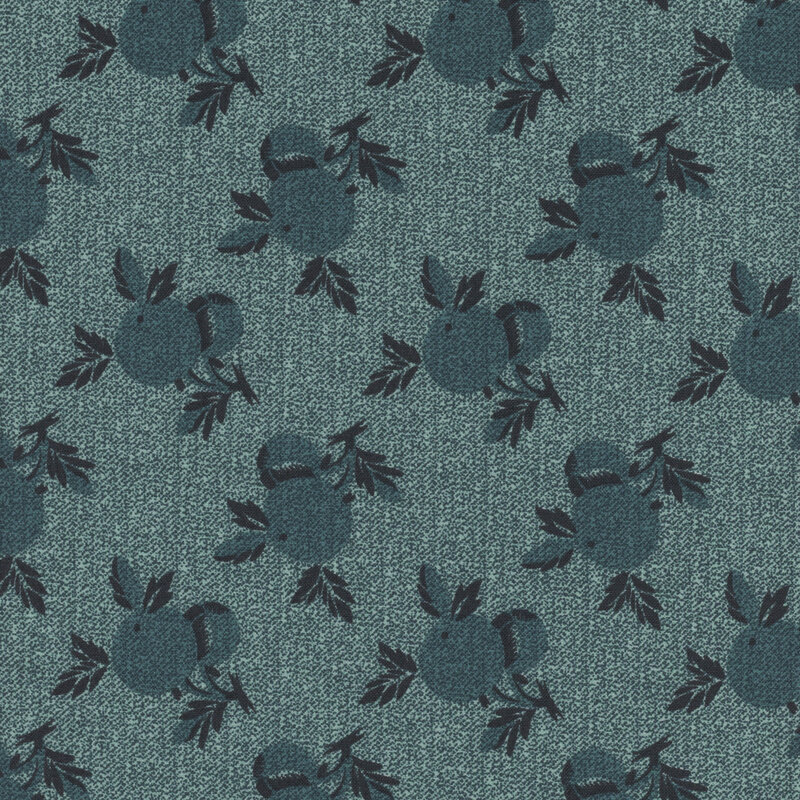 Tonal teal fabric with large repeating berry patterns and a 