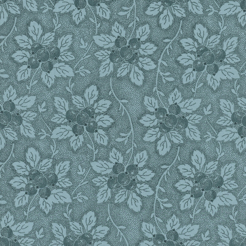 Light teal fabric with large floral clusters and vines throughout