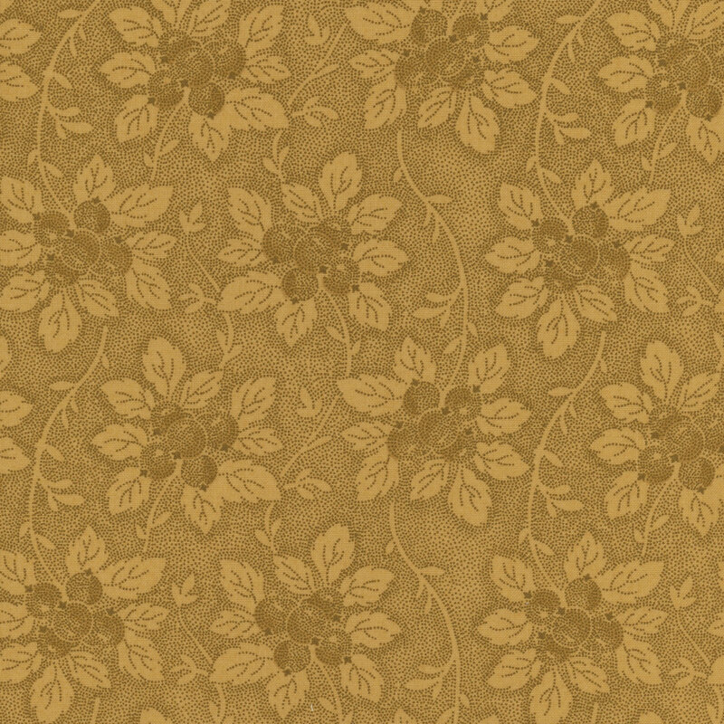 Golden fabric with large floral clusters and vines throughout