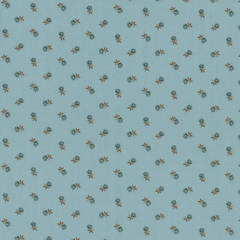 Blue fabric with a small, blue, ditsy floral pattern throughout