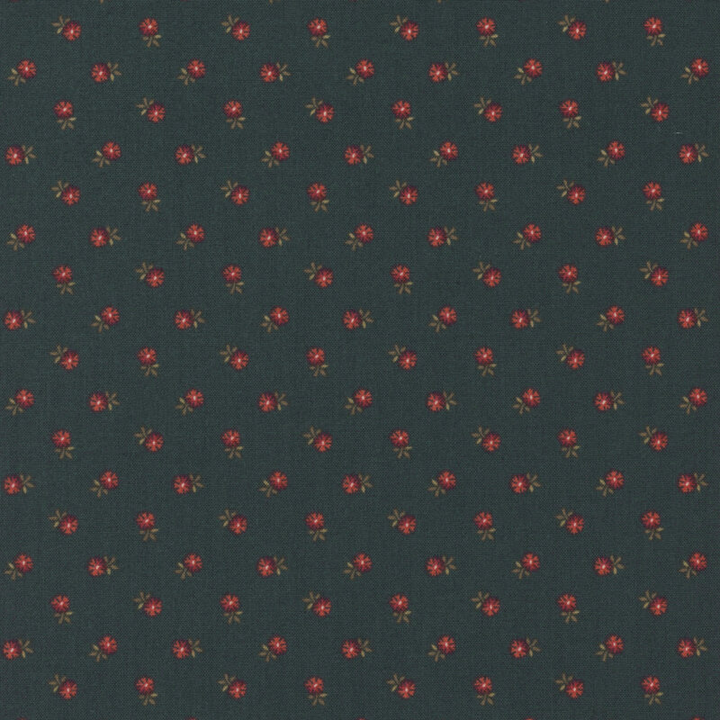 Dark teal fabric with small, red, ditsy florals throughout