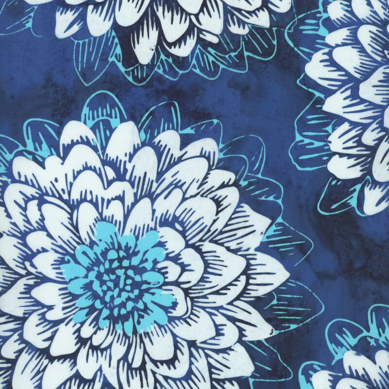 Floral fabric pattern featuring large white and light blue chrysanthemums on a dark blue, mottled background.