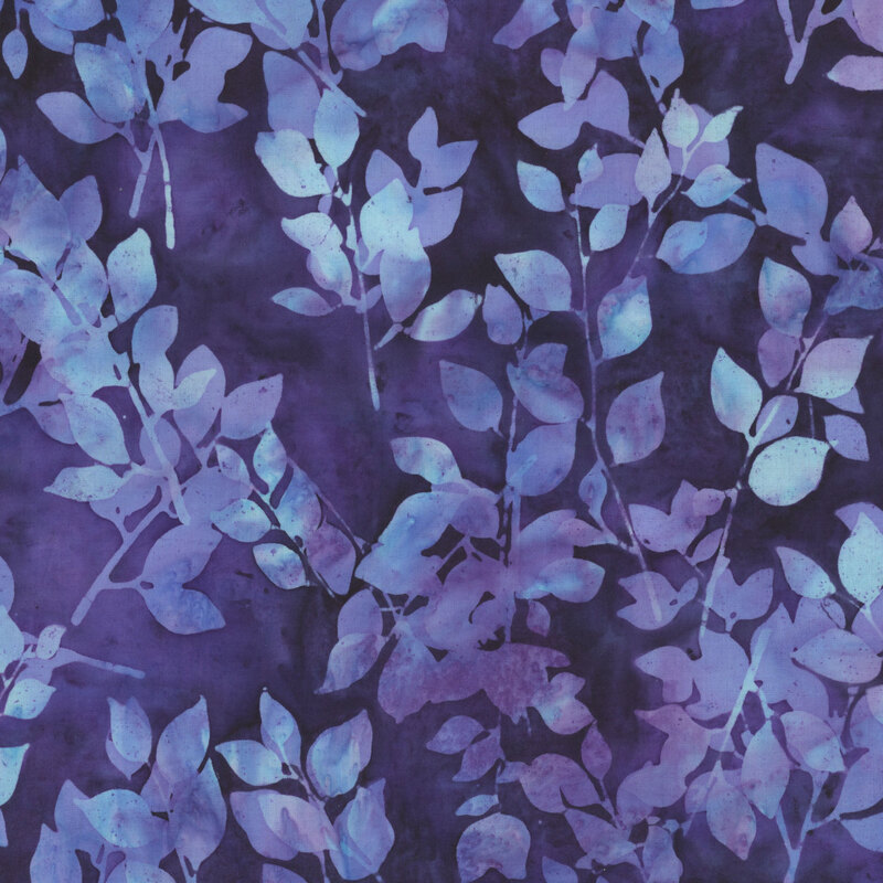 Tonal mottled blue fabric with leaves