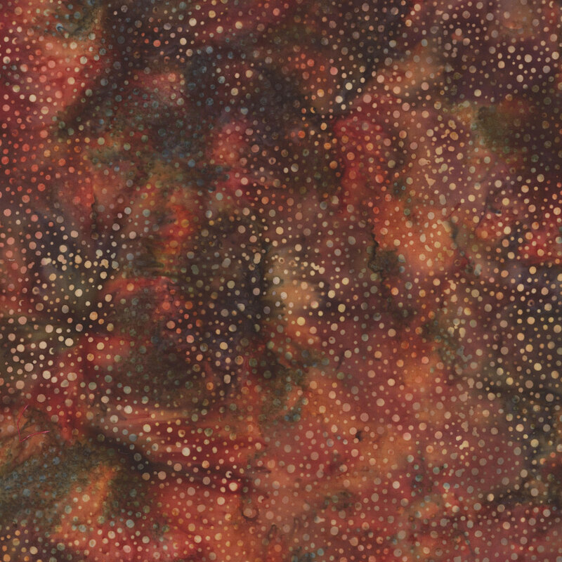 Mottled red, orange, and dark brown batik with speckled dots throughout