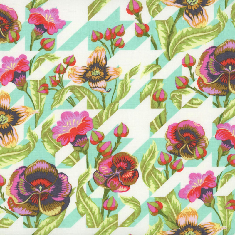 A repeating pattern of vibrant flowers, including tulips and orchids, interspersed with green leaves, set against a light background with geometric shapes.