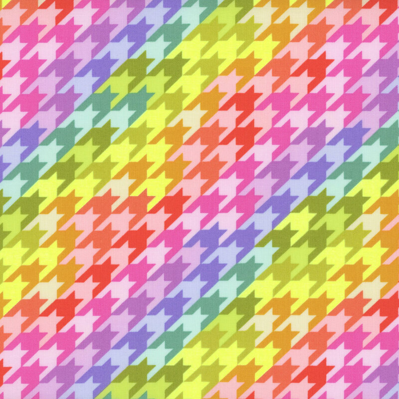 A colorful pattern featuring a repeated houndstooth design with a gradient of pastel colors, including pink, yellow, green, and lavender, arranged in a diagonal layout.