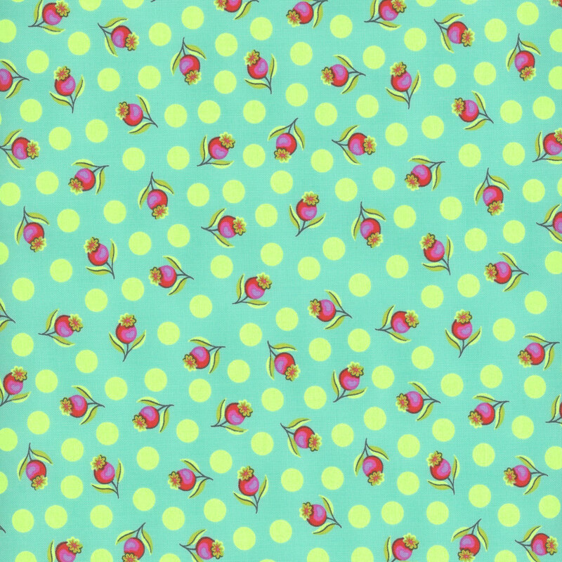 A repeated pattern of pink roses and yellow polka dots against a light blue background.