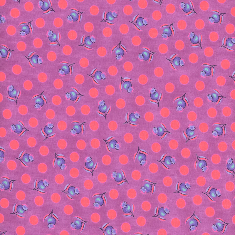 A repeated pattern featuring small blue flowers and orange polka dots on a purple background.