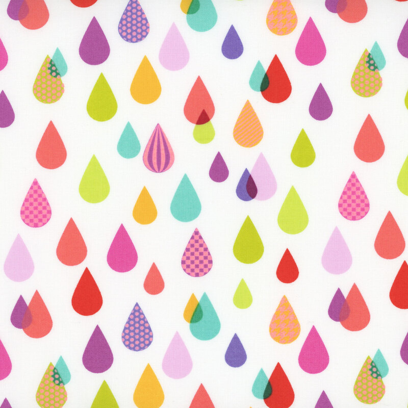 A textured pattern featuring colorful teardrop shapes in various sizes and colors, including pink, green, yellow, and orange, arranged against a light background.