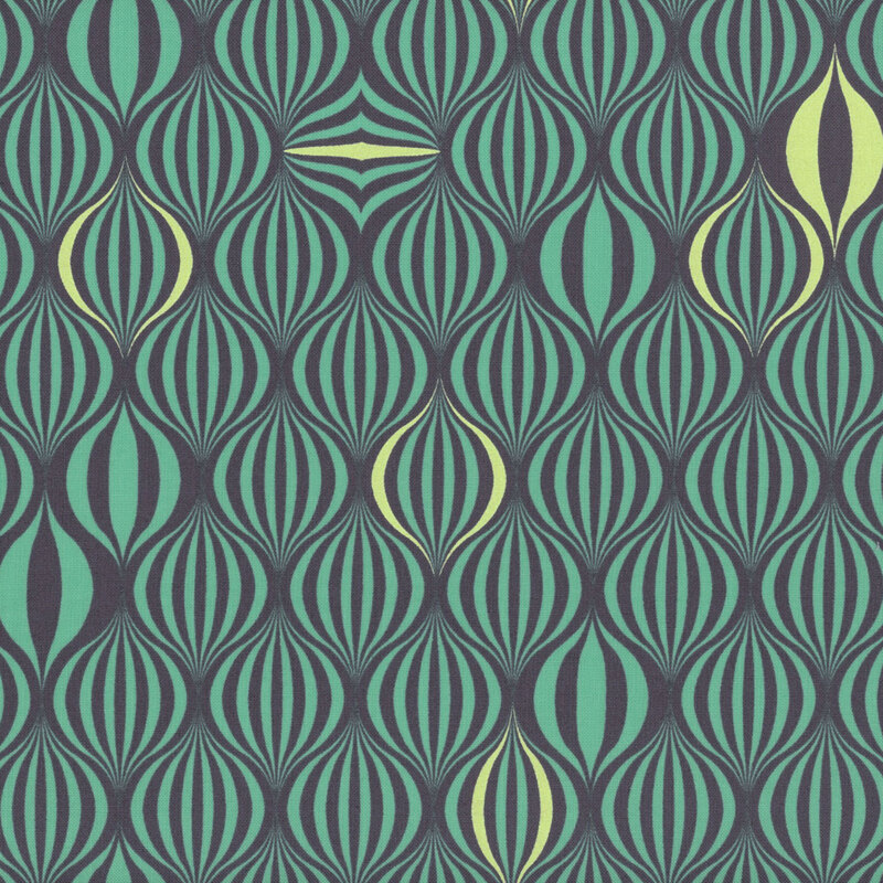 A repeating pattern featuring oval shapes in shades of teal, yellow, and brown, arranged in a vibrant geometric design.