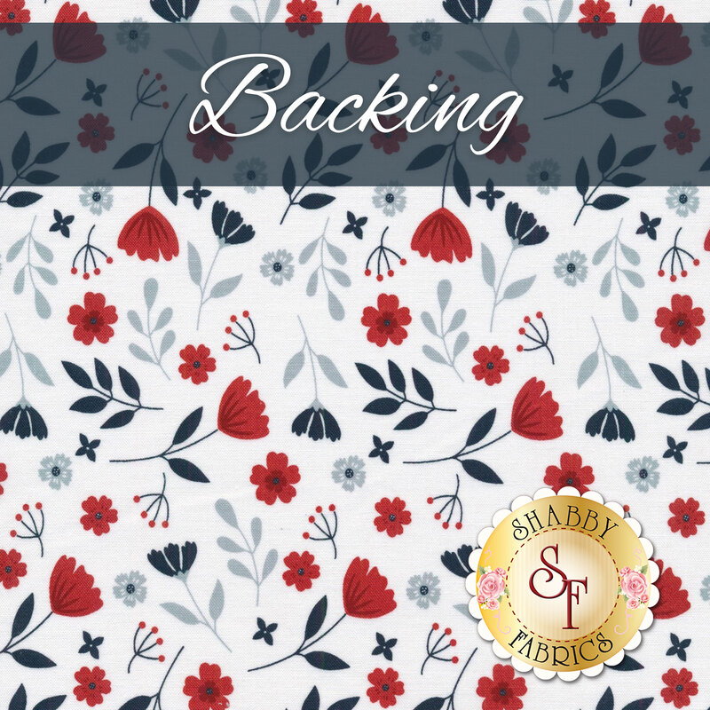 A floral fabric design featuring red and navy flowers and leaves on a white background, with the words Backing in an elegant font at the top and a logo for Shabby Fabrics at the bottom corner.