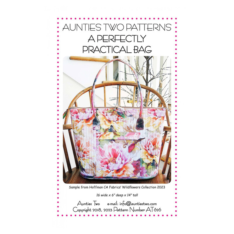 Front Cover of Perfectly Practical Bag pattern by Aunties Two Patterns featuring finished bag displayed on a chair in front of a decorative plant