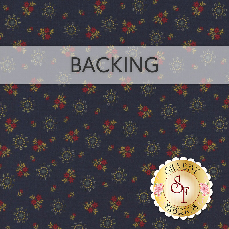 A swatch of navy blue fabric with a pattern of ditsy flowers and dot circles. A red banner at the top reads 