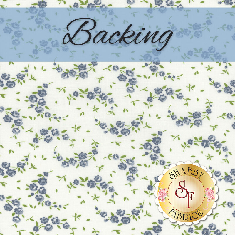 A swatch of white fabric that has a small blue floral print tossed with tiny green leaves. A light blue banner at the top reads 