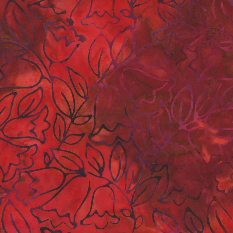 mottled vermillion batik fabric with large bellflowers