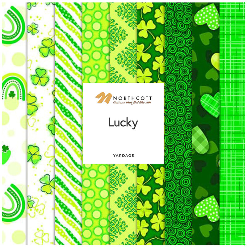 Collage of fabrics in the Lucky collection featuring St. Patrick motifs in white and shades of green