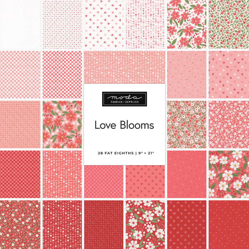 collage of fabrics in the Love Blooms collection in shades of white, pink and red