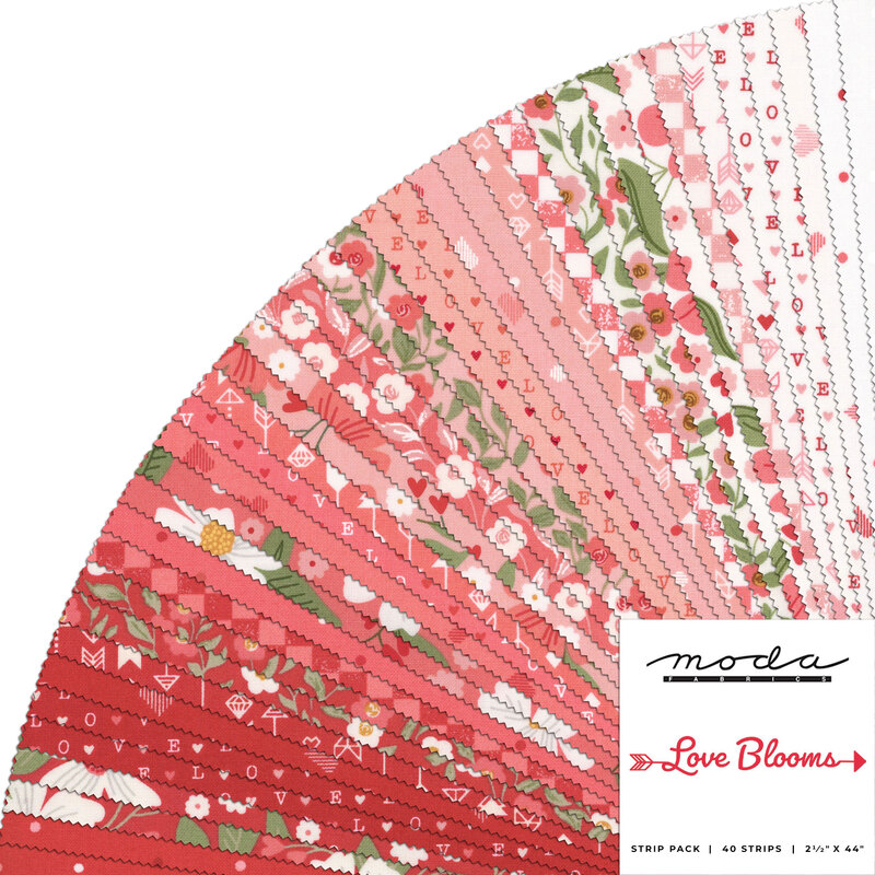 collage of fabrics in the Love Blooms collection in shades of white, pink and red