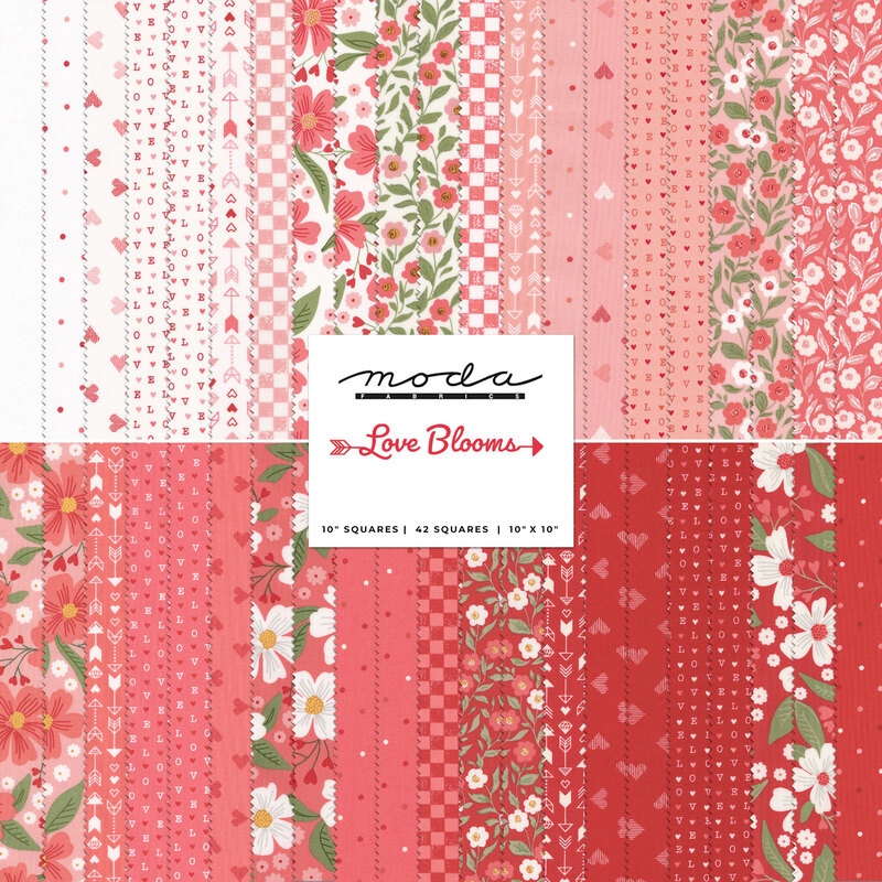 collage of fabrics in the Love Blooms collection in shades of white, pink and red