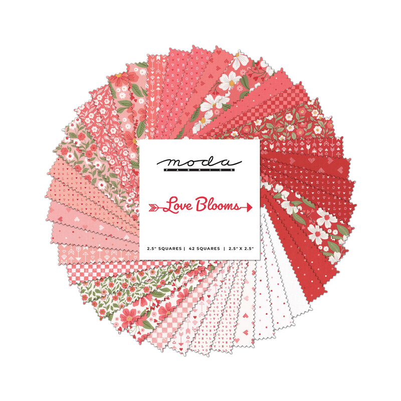 collage of fabrics in the Love Blooms collection in shades of white, pink and red