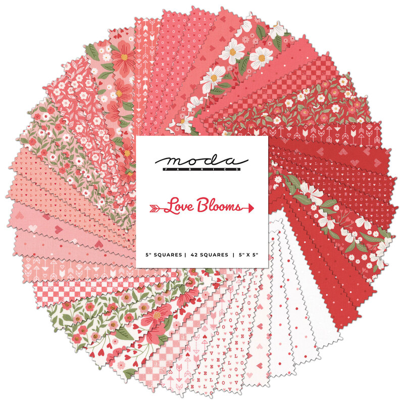 collage of fabrics in the Love Blooms collection in shades of white, pink and red