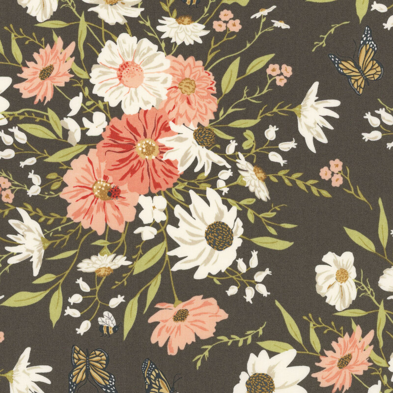 dark gray fabric with a floral and farm bug pattern