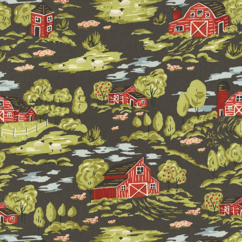 Dark gray fabric with a farm map pattern