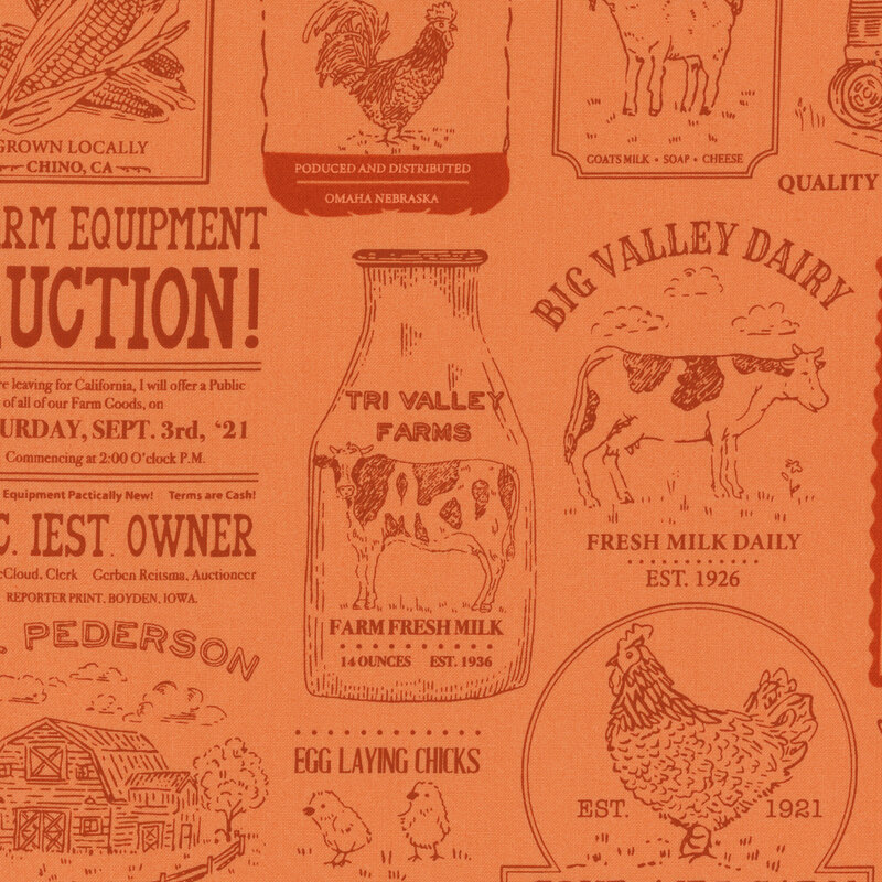 tonal orange fabric with farm newspaper design