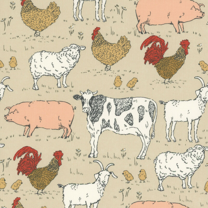 Beige fabric with a grass and farm animal pattern