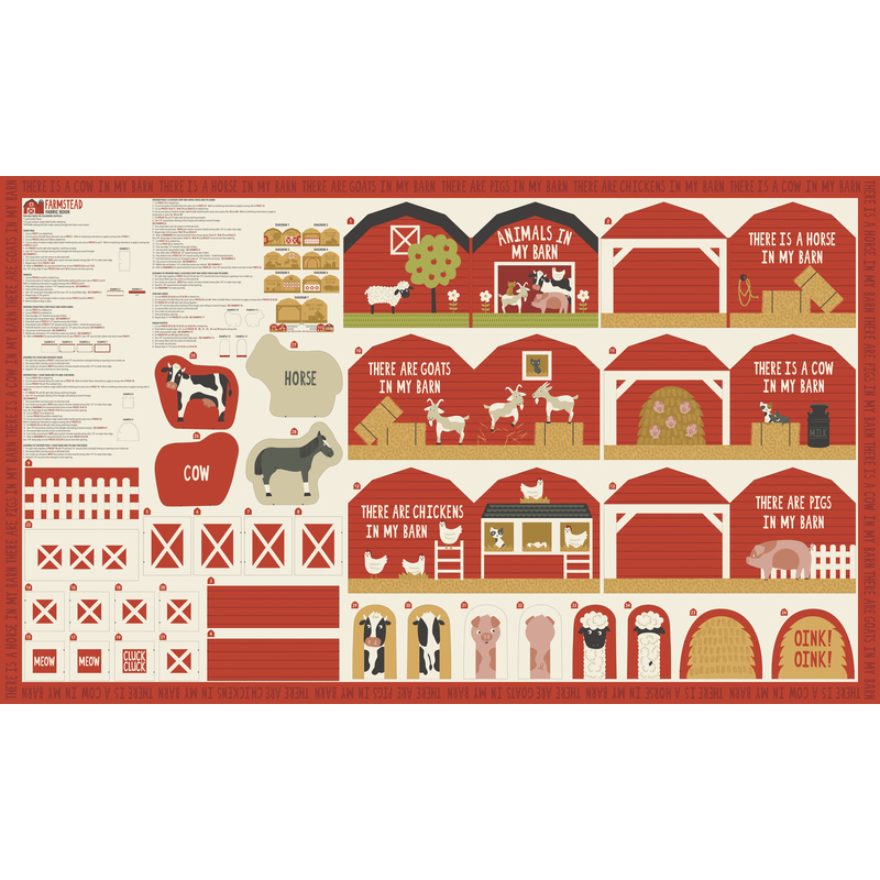 fabric book panel featuring a barn and farm animals