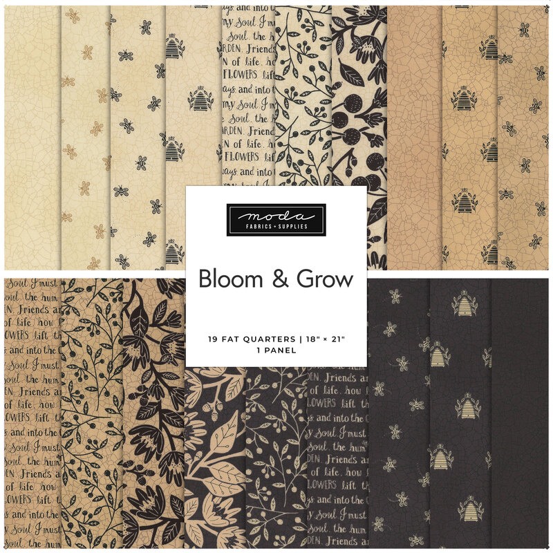 A collage of cream, tan, and black fabrics with a "Bloom & Grow" logo in the center