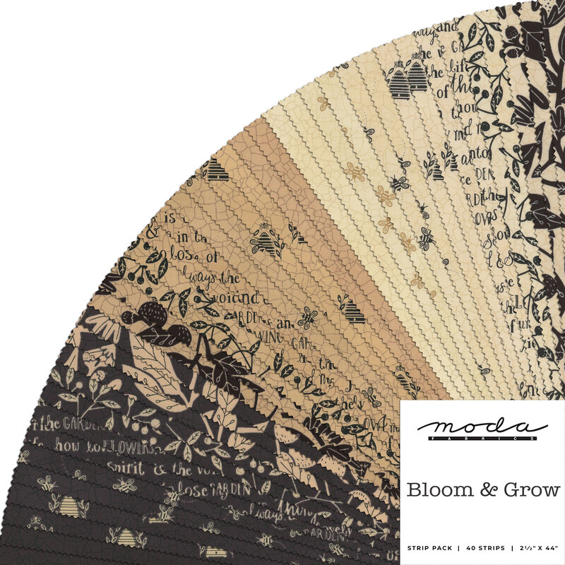 A fanned collage of black, tan, and cream fabrics with floral designs and a Moda Fabrics Bloom & Grow label in the bottom right corner